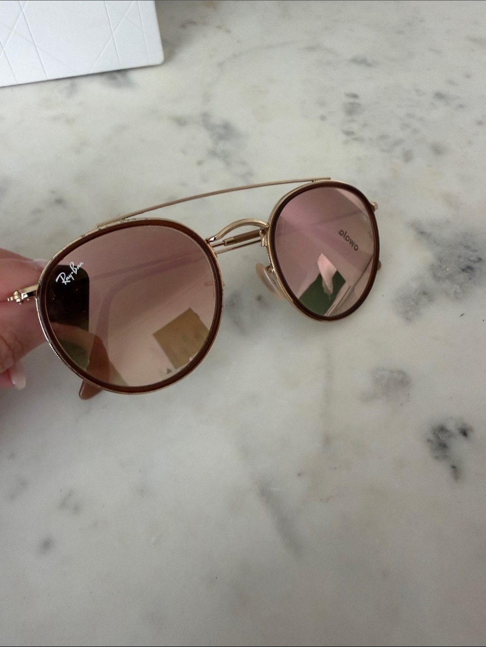 Ray-Ban Women's Round Gold Frame Sunglasses with Pink Lenses